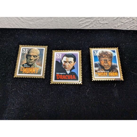 Three Gold Tone Stamp Pinback Mummy Dracula & Wolf Man - Picture 6 of 6